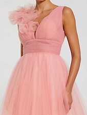 cheap Prom Dresses-Pink Ball Gown A-Line Prom Dresses Elegant Dress Formal Wedding Floor Length Sleeveless V Neck Tulle with Shouder Flower 2025