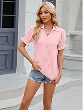 cheap Lace Tops-Women&#039;s Boho T-shirt Plain Bohemia Cute Stylish Short Sleeve Puff Sleeve V Neck Shirt Collar Regular Tops Daily Going out Weekend Ruffle Eyelet Sage Green Black White Pink Wine Summer