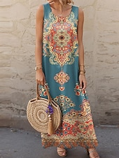tanie Sukienki boho-Damskie Sukienka maxi Codzienne sukienki Mini sukienka Sukienka letnia Letnie sukienki Codzienny Urlop Codzienny Święto Regularny Boho Paisley Damask Bez rękawów Półgolf Pomarańczowy Lato