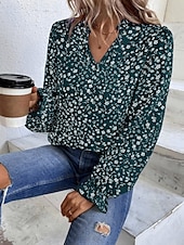 billige Kvinne Grafiske Topper-Dame Skjorte Bluse Blomstret Stilfull Fritid Langermet V-hals Vanlige topper Daglig Trykt mønster Vin Grønn Beige Sommer Vår