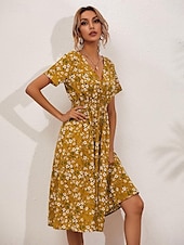 billiga Eleganta blommiga klänningar-Dam Midiklänning Vardagsklänning Swingklänning A linjeklänning Stylish Ledigt Semester Dagligen Normal Blommig Kortärmad V-hals Svart Vit Gul Rodnande Rosa Sommar