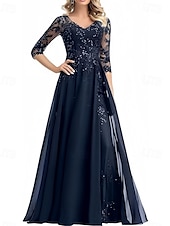 cheap Floor Length-A-Line Mother of the Bride Dress Wedding Guest Elegant V Neck Floor Length Chiffon 3/4 Length Sleeve with Beading Appliques