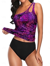 preiswerte Tankinis-Damen Badeanzug 2 Stück Cheeky-Bikinihose Bademode Rückenfrei Bauchkontrolle Schlank Urlaub Strandbekleidung Graphic Asymmetrischer Hals Ärmellos Badeanzüge