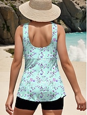 ieftine Tankinis-Costume de baie pentru femei Tankini 2 piese costum de baie tip boy leg fără spate controlul burticii înalt talie subțire vacanță plajă îmbrăcăminte florală gât U fără mâneci