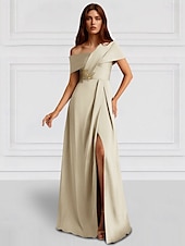 abordables Robes de Soirée-Robe de soirée A-Line élégante robe de mariage invitée de soirée longueur de sol sans manches épaule unique poche satin avec châle