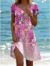 preiswerte Hawaiian-Kleider-Damen Minikleid Casual kleid Böhmen Urlaub Tropisch Kappe Urlaub Festtage Strand Regular Fit Farbverlauf Graphic Tropisch Kurzarm Rundhalsausschnitt Weiß Rosa Blau Purpur Sommer Frühling