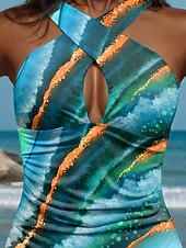 billiga One-piece-baddräkter-Kvinnors baddräkter En del monokini baddräkt Rygglös Mager kontroll Hög midja Slim Semester Strandkläder Geometrisk U-hals ärmlös badkläder
