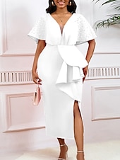 preiswerte Kentucky Kleid-Kentucky Derby Damen Midi Kleid Bodycon Kleid Puffärmel Kleid Elegant Formal Cocktail Formal Party Hochzeitsgast Reguläre Passform Grafisch Kurzarm V-Ausschnitt Schwarz Weiß Gelb Rot Sommer