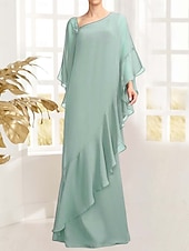 cheap Floor Length-Sheath / Column Mother of the Bride Dress Elegant Vintage Simple Asymmetrical Neck Floor Length Chiffon Long Sleeve with Beading Ruffles Cascading Ruffles