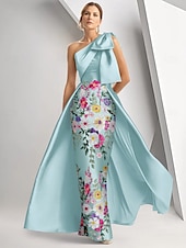 baratos AZUL-Linha A Vestidos de noite Elegante Vestido Formal Casamento Longo Sem Manga Assimétrico Cetim com Laço(s) Fenda Bordado 2025