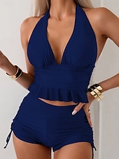 billiga Bikiniset-Dam Badkläder Bikini 2 st Pojkeben Baddräkt Öppen rygg Smal Semester Standkläder Slät V-hals Ärmlös Baddräkter