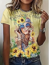 billige Kunst &amp; Design t-skjorte-Dame T skjorte Sommertopper Grafisk Solsikke Klassisk Fritid Kortermet Crew-hals Crop Tops Daglig Helg Trykt mønster Regnbue Sommer Vår Høst