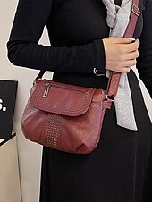 billiga Crossbodyväskor-brun crossbody-väska i konstläder med dubbdetaljer – avslappnad, trendig handväska för vardagsbruk, shopping och utflykter svart röd blå
