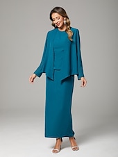 abordables Avec veste-Deux Pièces Fourreau / Colonne Robe de Mère de Mariée  Elégant Encolure dégagée Longueur Sol Mousseline de soie manche longue Echarpe incluse avec Couleur Pleine 2025