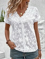 voordelige Witte t-shirt-Dames Blouse Kanten topjes Bloemig Dagelijks Stijlvol Basic Korte mouw V-hals Normale tops Werk Dagelijks Feestdagen Kanten rand Wit Zomer Lente