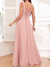 baratos Vestidos para Madrinhas-Linha A Vestido de Madrinha Correias / Decote Quadrado Sem Manga Elegante Longo Chiffon / Elastano com Pregas / Fru-Fru / Pregueado 2022