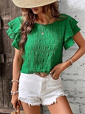 cheap Work Tops-Women&#039;s Blouse Solid Color Elegant Daily Stylish Short Sleeve Crew Neck Regular Tops Daily Holiday Going out Ruffle Patchwork Sage Green Red Navy Blue Purple Green Summer Spring