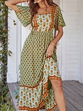 tanie Wakacyjne sukienki-Damskie Sukienka maxi Codzienne sukienki Sukienka rozkloszowana Sukienka A line Elegancki Codzienny Urlop Codzienny Regularny Kwiaty Krótki rękaw Kwadratowy dekolt Żółty Rumiany róż Pomarańczowy