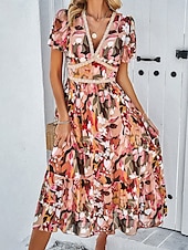 preiswerte Blumenkleid-Damen Midi Kleid Korsett Kleid A-Linien Kleid Sommer Kleid Urlaub Urlaub Täglicher Regular Fit Floral Kurzarm V-Ausschnitt Rot Marineblau Grün Aprikose Sommer