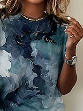 billige Kunst &amp; Design t-skjorte-Dame T skjorte Grafisk Batikkfarget Elegant Årgang Mote Kortermet Rund hals Vanlige topper Daglig Ut på byen Helg Trykt mønster Dusty Blue Sommer