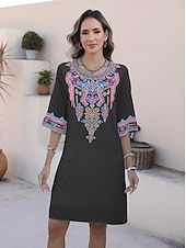 cheap Casual Dress-Valentine&#039;s Day Women&#039;s Normal Mini Dress Boho Chic Dresses A Line Dress Bohemia Stylish Classic Elbow Sleeve Vacation Party Casual Form Fit Floral Plain 3/4 Length Sleeve Crew Neck Black White Summer