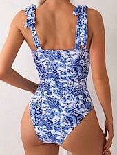 billiga One-piece-baddräkter-Dam Badkläder En bit Monokini Baddräkt Öppen rygg Magkontroll Hög midja Smal Semester Standkläder Blommig V-slits Ärmlös Baddräkter