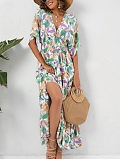 billiga Eleganta blommiga klänningar-Dam Maxiklänning Vardagsklänning A linjeklänning Stylish Ledigt Semester Dagligen Normal Blommig Halvlång ärm V-hals Blå Sommar