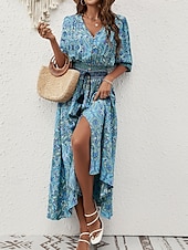 economico Abiti boho-Per donna Vestito maxi Abito casual Abito Boho a maniche lunghe Abito boho Boemia Moda Essenziale Da mare Informale Giornaliero Standard Pop art Manica a 3/4 A V Marrone rossastro Blu Estate
