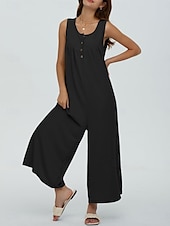 preiswerte lässige Overalls-Damen Normal Jumpsuit Aktiv Feste Farbe Ärmellos U-Ausschnitt Knopf Tasche Urlaub Täglich Regular Fit Schwarz Marineblau Blau Sommer