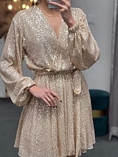 Women's Sequin Dress Mini Dress Champagne Long Sleeve Pure Color Sequins Winter Fall V Neck Vintage Fashion Elegant Puff Sleeve Mesh XL4