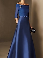 abordables BLEU-Robe de soirée A-Line élégante robe de fiançailles formelle soirée longueur sol manches demi épaule dénudée invité de mariage en chiffon avec fronces