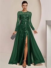 abordables Longueur du plancher-Robe de mère de la mariée A-Line pour invitée de mariage élégante col bijou longueur de sol en chiffon dentelle sequins à manches longues avec plissage avant couleur unie taille personnalisée gratuite