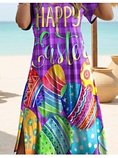 billiga Påskklänningar-Påskens kvinnor Maxi-klänning Casual Klänning Sundress Semester Tropisk Hawaii Fjäril ärm Semester Strand Regular Fit Brev Kort ärm Crew Neck Lila Sommar