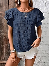 cheap Work Tops-Women&#039;s Blouse Solid Color Elegant Daily Stylish Short Sleeve Crew Neck Regular Tops Daily Holiday Going out Ruffle Patchwork Sage Green Red Navy Blue Purple Green Summer Spring