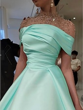 preiswerte Sekt-A-Linie Abendkleid Elegantes Kleid Formal Bodentiefe Kurzarm Illusion Ausschnitt Satin mit Raffung Perlen