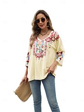 billige Boho topper-Dame Boho skjorte Helfarge Blomstret Bohem Daglig Luksuriøs 3/4 ermer 3/4-ermer Crew-hals Vanlige topper Arbeid Daglig Ut på byen Broderi Svart Gul Rose Rosa Sommer