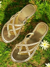 baratos Chinelos de slide-sandálias de tiras douradas para mulheres – sandálias elegantes com presilhas nos dedos, design trançado e sola plana para roupas casuais de verão