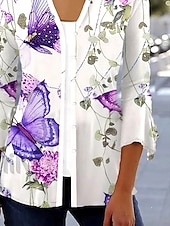 abordables Hauts Floraux-Femme Chemise Floral Papillon basique Manches 3/4 Col Carré Hauts réguliers du quotidien Imprimer Violet Printemps Automne
