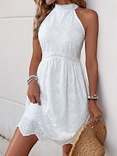 preiswerte Weiße Spitzenkleider-Damen Minikleid Weißes Kleid Freizeitkleid Boho-Kleid Basic Lässig Urlaub Täglich Normale Passform Einfach Ärmellos Neckholder Weiß Sommer