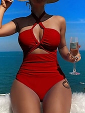 billiga One-piece-baddräkter-Kvinnors baddräkter en del monokini baddräkter rygglös mage kontroll hög midja smal semester strandkläder enfärgad halterneck ärmlös baddräkt