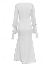 preiswerte Kleine weiße Kleider-Empfang Kleine Weiße Kleider Hochzeitskleider Etui-/Säulen Quadrat-Ausschnitt Lange Ärmel Bodenlänge Chiffon Brautkleider mit Schleife(n) Einfarbig