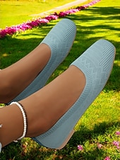 ieftine Pantofi Joși de Damă-pantofi de damă din tricot albastru deschis – pantofi cu vârf pătrat, respirabili, cu branț căptușit, pentru ținute de lucru și casual