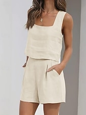 preiswerte Sets-Damen Mode Streetwear Hemd Baumwoll-Leinen-Sets Zweiteilige Sets Leinenhosen Baggy-Shorts Ärmellos Quadrathals Einfarbig Alltagskleidung Date Schwarz Braun Khaki Sommer Normale Passform