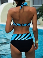 cheap Bikini Sets-Women&#039;s Swimwear Bikini 2 Piece Cheeky Swimsuit Backless Slim Vacation Beach Wear Stripe Halter Neck Sleeveless Bathing Suits