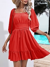cheap Plain Dress-Women&#039;s Mini Dress A Line Dress Milkmaid Dress Off The Shoulder Dress Puff Sleeve Dress Vacation Vacation Daily Regular Fit Plain Half Sleeve Square Neck Black White Light Green Pink Summer