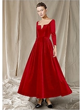 abordables Longueur de cheville-Ligne A Longueur cheville Robe de Soirée Robe de Cocktail Robe d'invité de mariage Robe de Mère de Mariée  manche longue Col en V Élégant robe demoiselle d honneur Fête de mariage Velours avec Plis