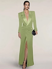 cheap Floor Length-Blazer Dress Mermaid / Trumpet Evening Gown Elegant Dress Pinstripe Tuxedo Dress Zipper Up Wedding Guest Formal Floor Length Long Sleeve Peak lapel collar Satin with Pocket 2025