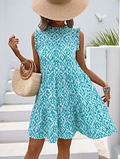 billige Boho-kjoler-Dame Mini kjole Uformell kjole Boho-kjole Bohem Årgang Etnisk Feriereise Daglig Normal Geometrisk Ermeløs Rullekrage Blå Sommer