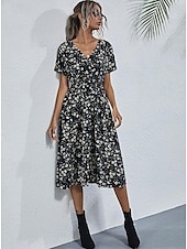 billiga Eleganta blommiga klänningar-Dam Midiklänning Vardagsklänning Swingklänning A linjeklänning Stylish Ledigt Semester Dagligen Normal Blommig Kortärmad V-hals Svart Vit Gul Rodnande Rosa Sommar