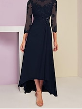 preiswerte Bodenlänge-A-Linien Brautmutterkleid Hochzeitsgast Elegant Scoop Neck Asymmetrisch Knöchellang Chiffon 3/4 Länge Ärmel mit Spitze Pailletten-Raffung 2025 kostenlose Maßanfertigung